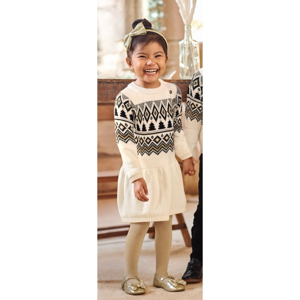 Gymboree Winter Wonderland sweater dress cream black Intarsia fair isle